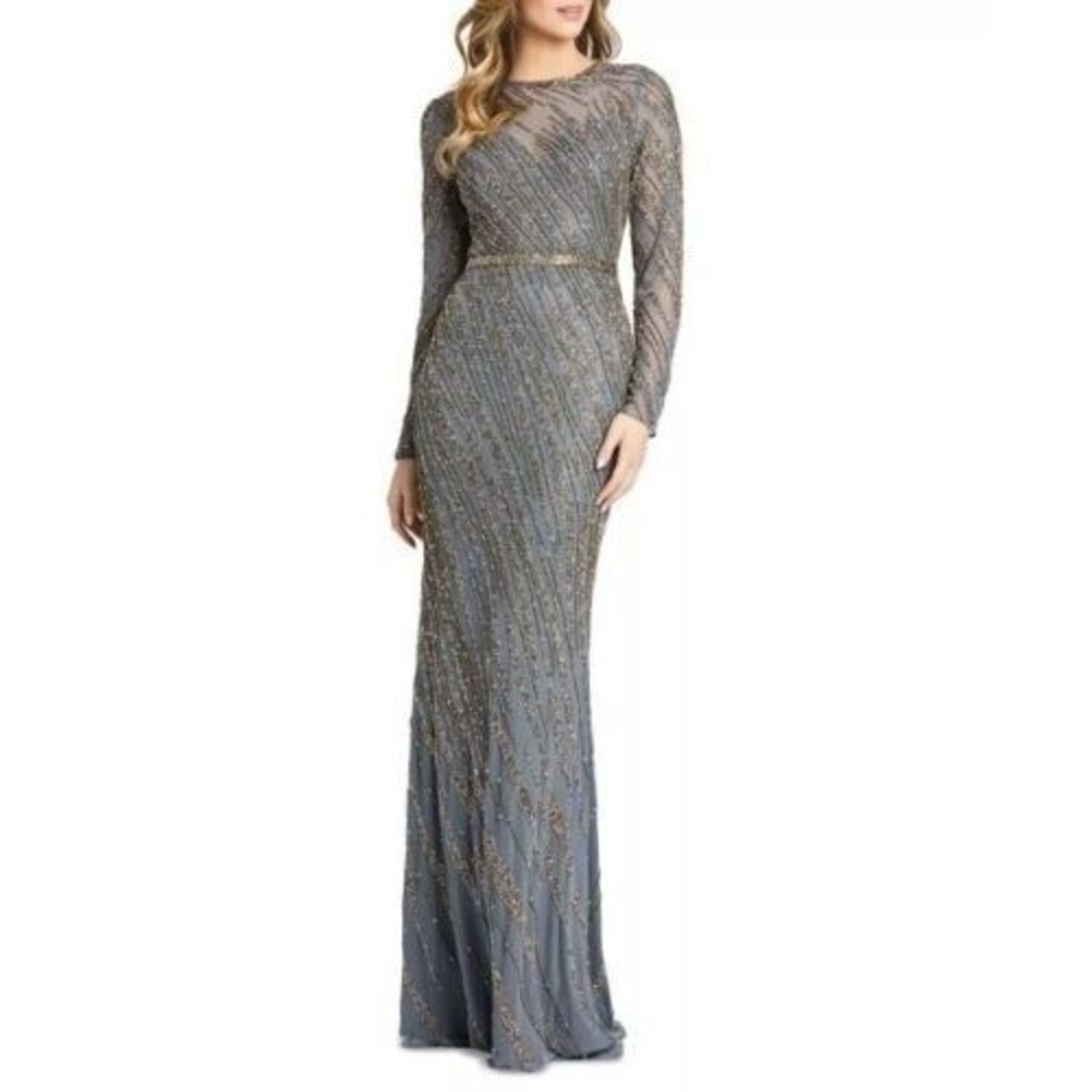 Mac Duggal 5240 Beaded Illusion‎ Neck Long Sleeve Gown - size 6 - Platinum NWT
